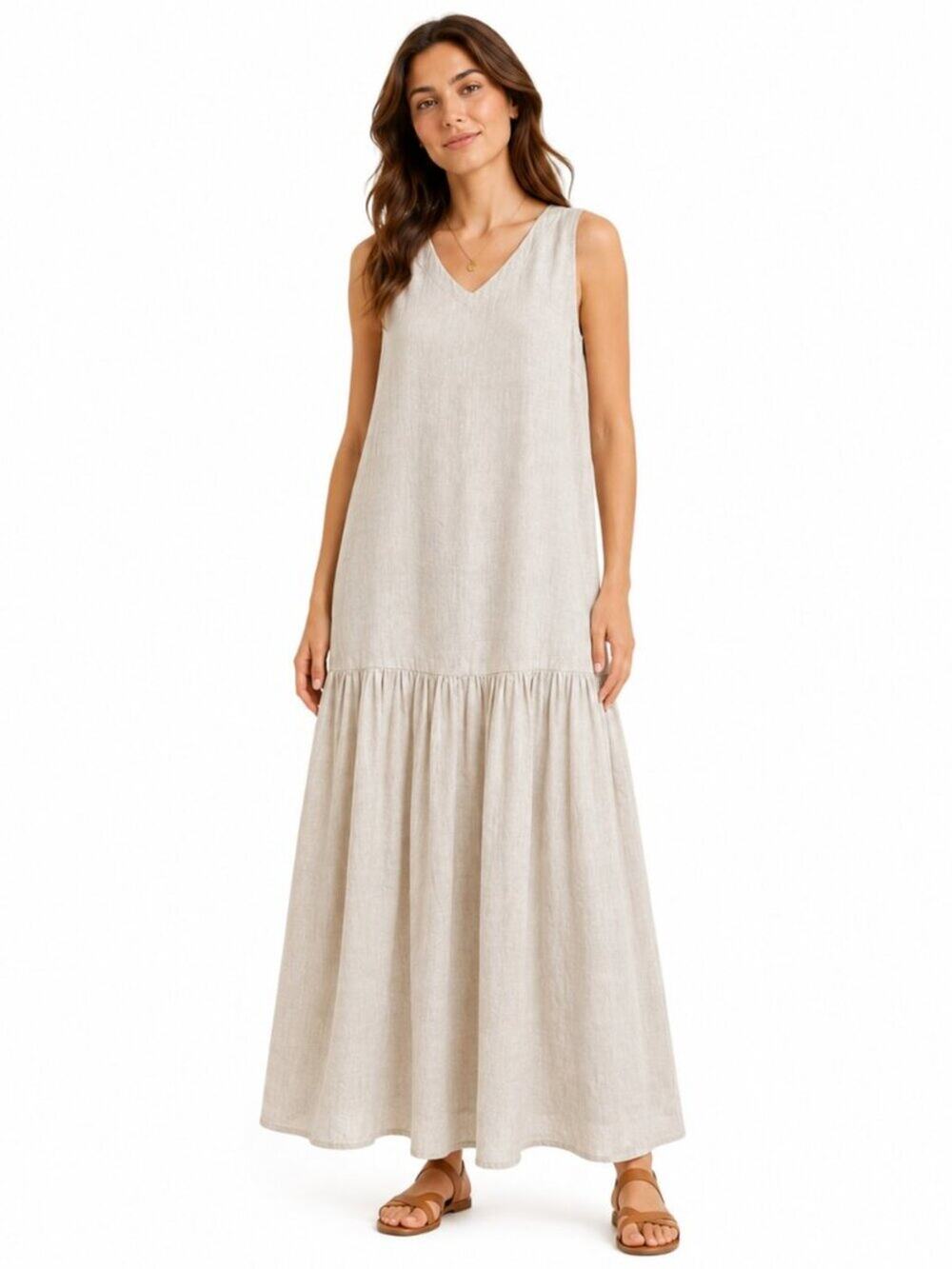 Crown Linen Designs 100% Linen Sleeveless Maxi Dress Oatmeal XS